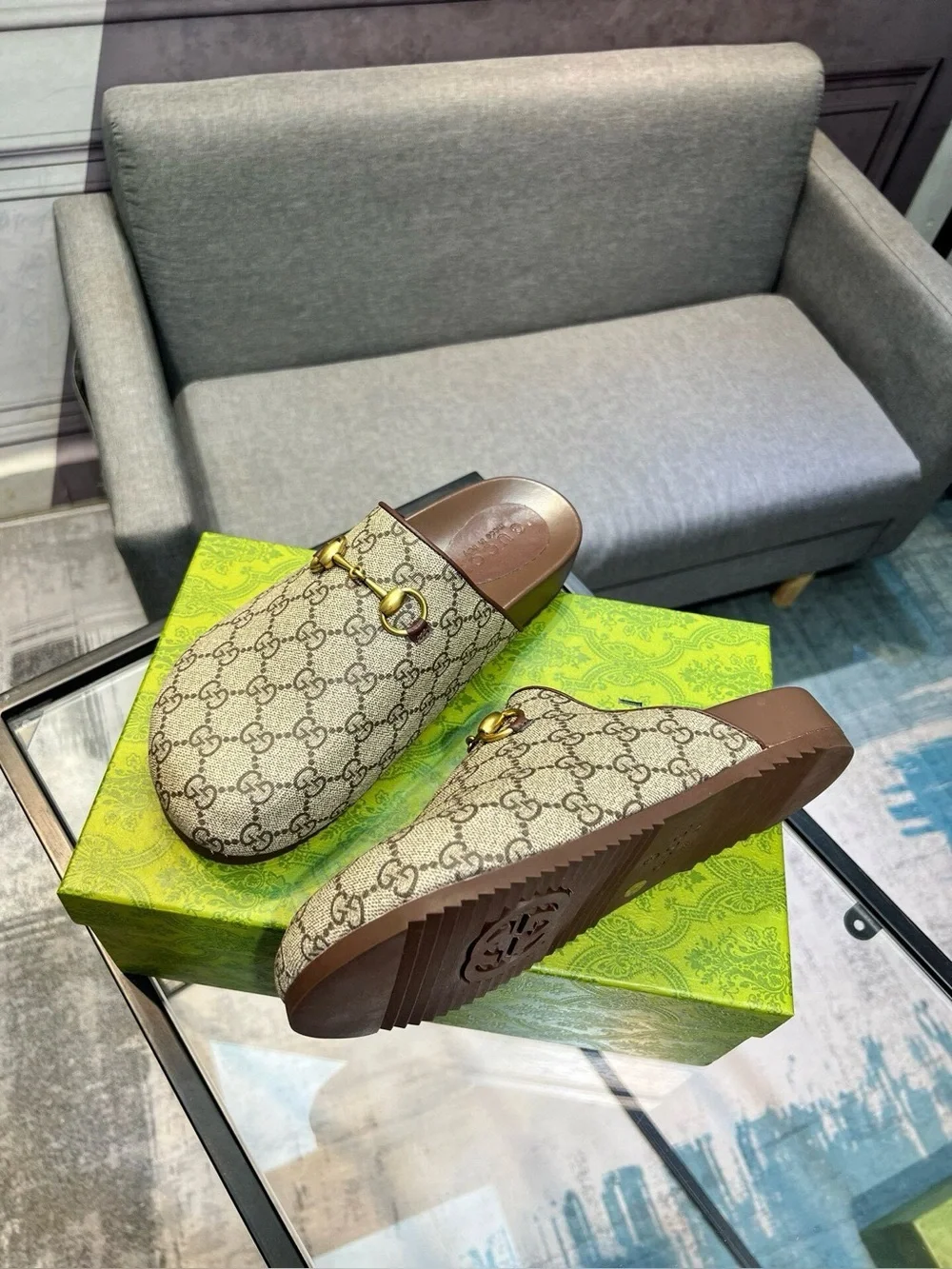 Gucci Beige GG Canvas Horsebit Backless Loafers